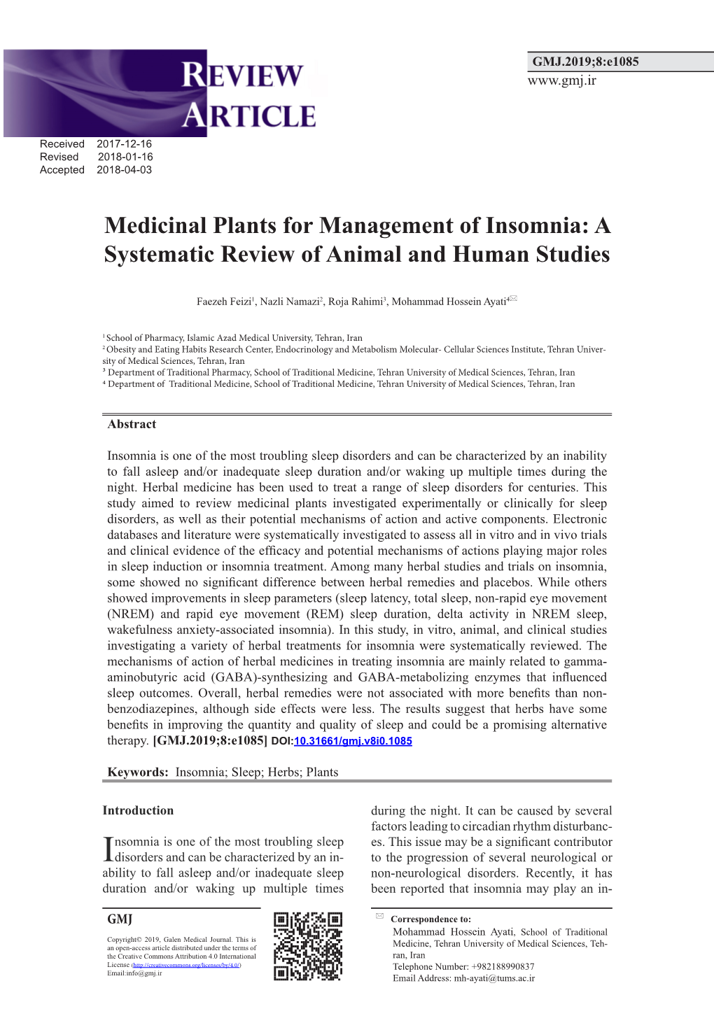 Medicinal Plants for Management of Insomnia: a Systematic Review of Animal and Human Studies