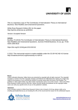 The Contribution of Internalization Theory to International Business: New Realities and Unanswered Questions