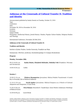Ashkenaz at the Crossroads of Cultural Transfer II: Tradition and Identity