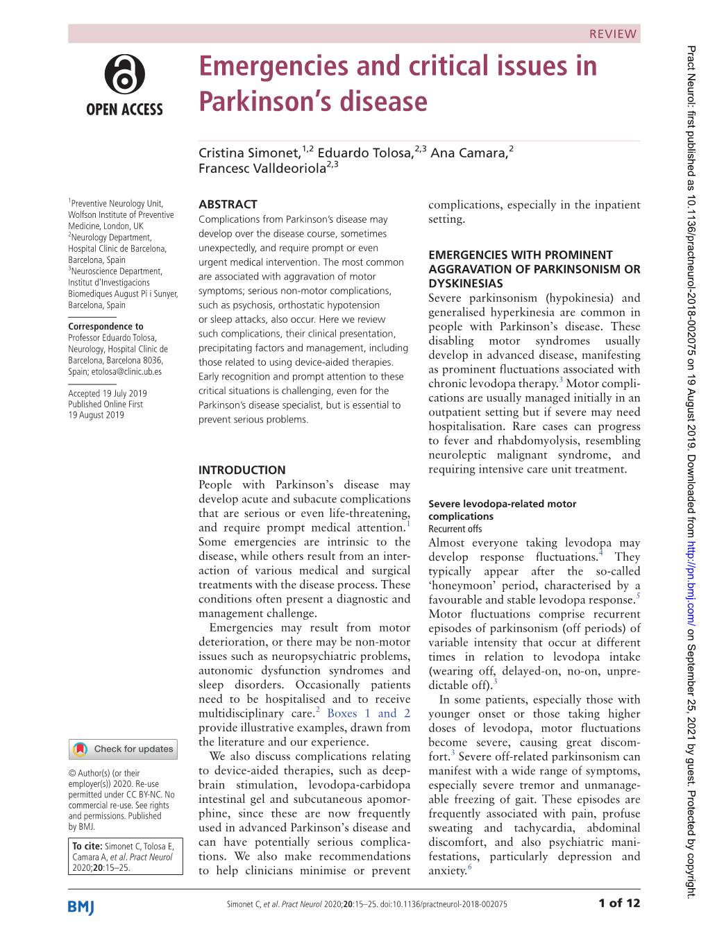 Emergencies and Critical Issues in Parkinson's Disease