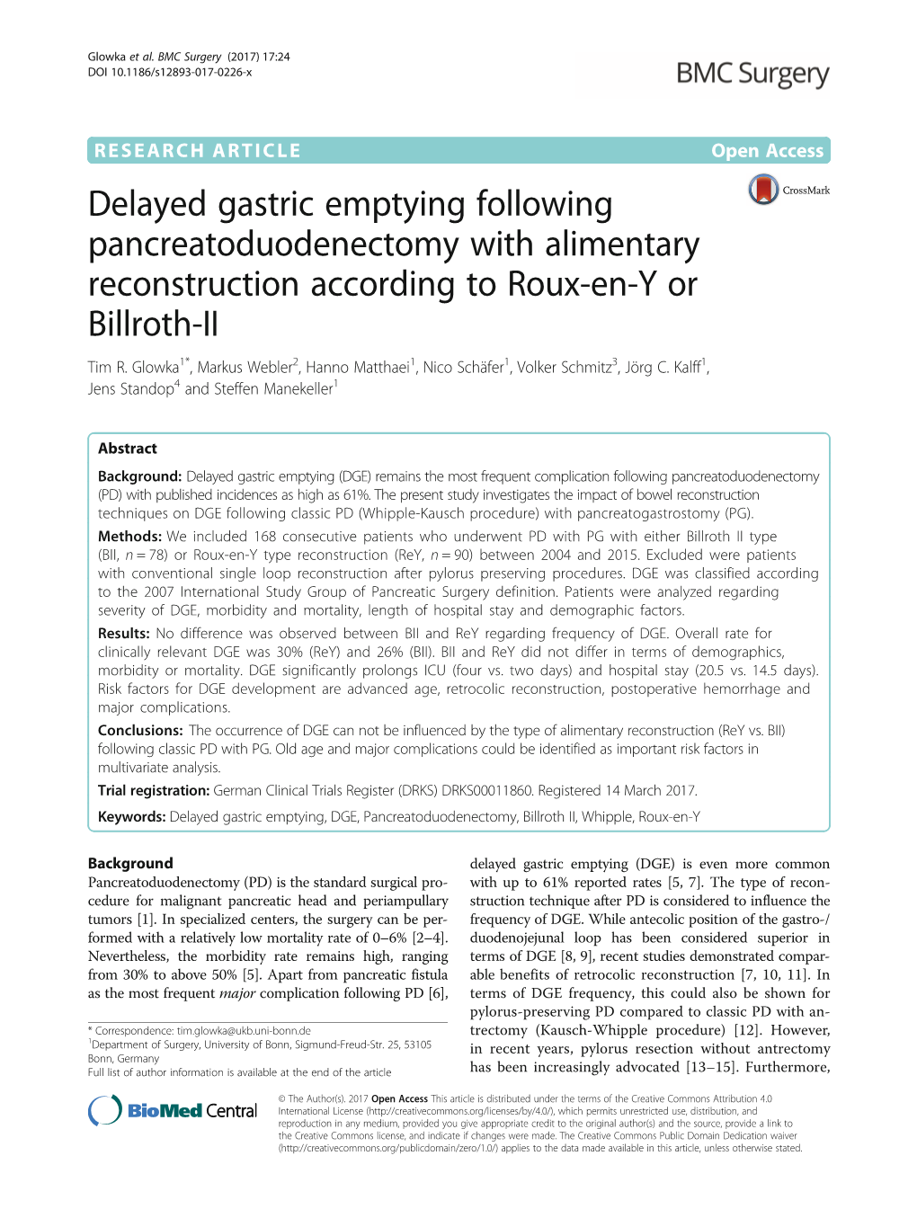 Delayed Gastric Emptying Following Pancreatoduodenectomy with Alimentary Reconstruction According to Roux-En-Y Or Billroth-II Tim R