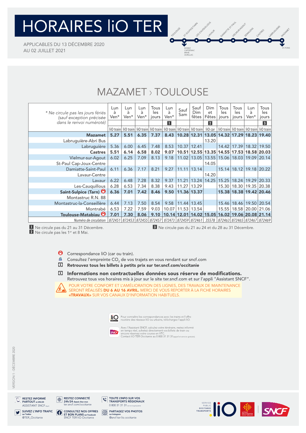 HORAIRES Lio TER TOULOUSE ST-SULPICE/TARNLES CAUQUILLOUSLAVAUR DAMIATTE ST-PAULVIELMUR/AGOUTSEMALENS CASTRES LABRUGUIERE MAZAMET