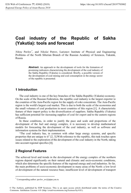 Coal Industry of the Republic of Sakha (Yakutia): Tools and Forecast