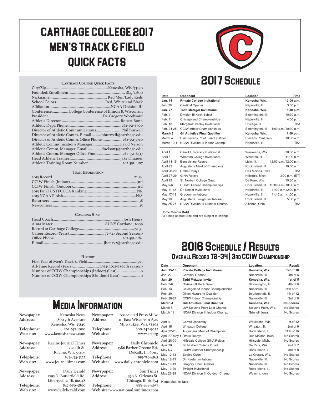 Carthage College 2017 Men's Track & Field Quick Facts