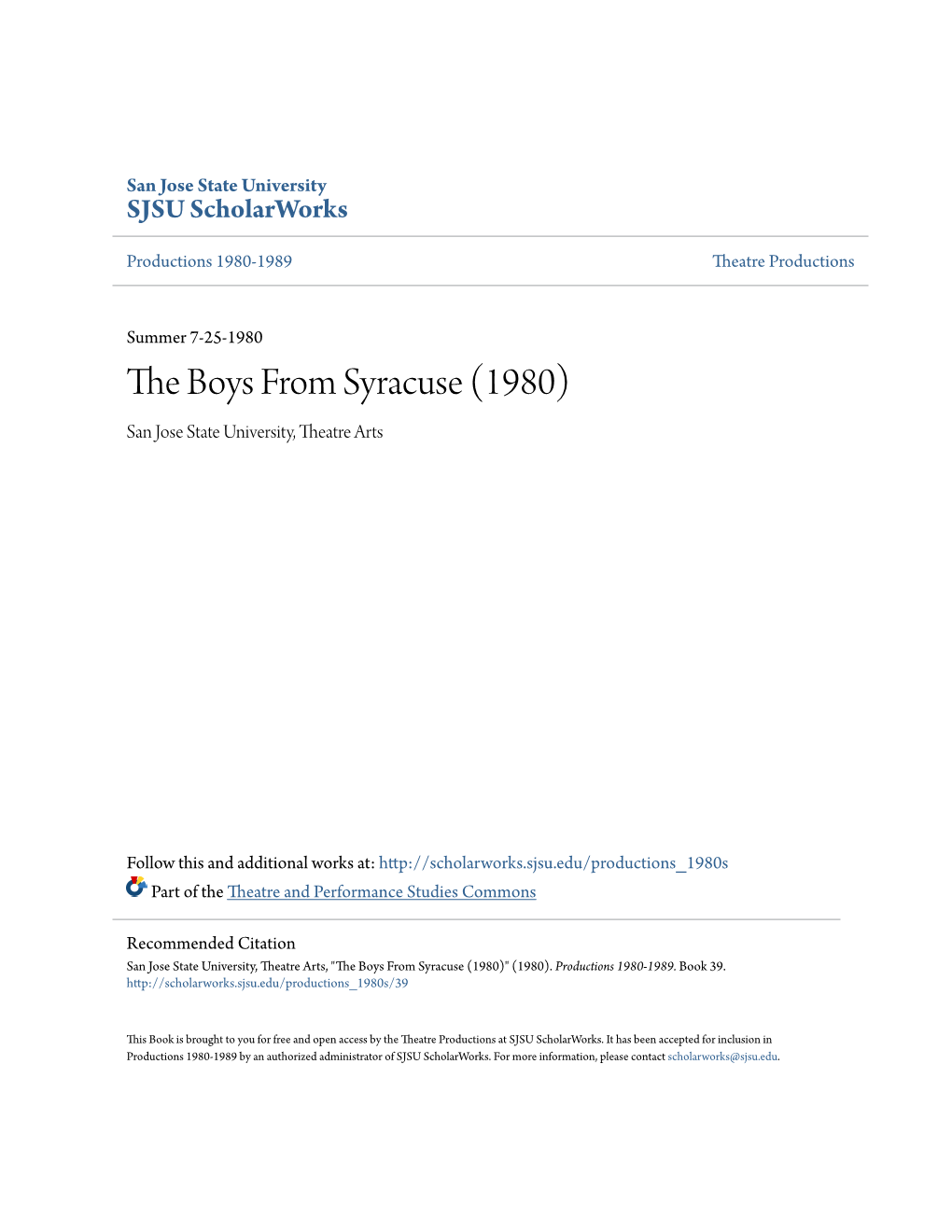 The Boys from Syracuse (1980) San Jose State University, Theatre Arts