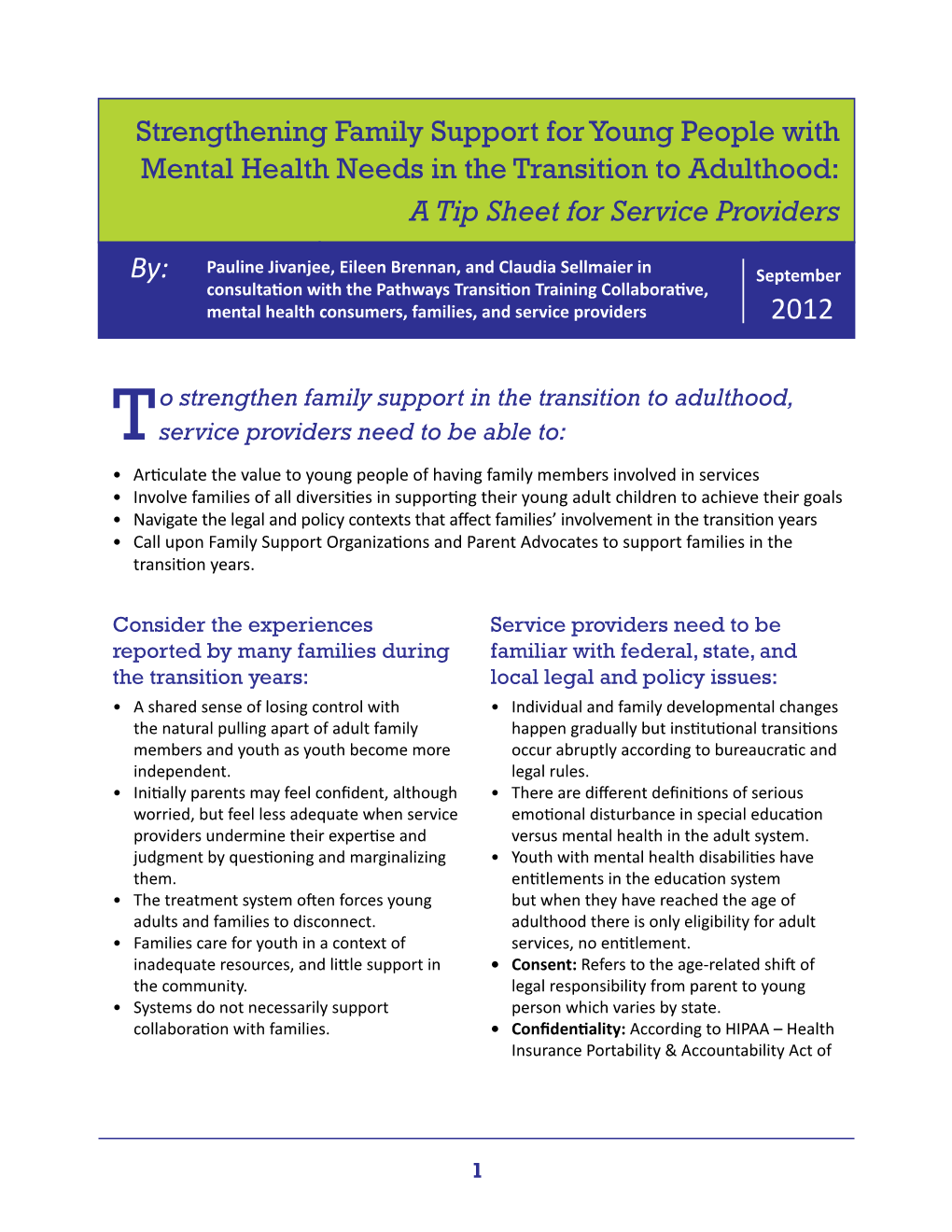 Strengthening Family Support for Young People with Mental Health Needs in the Transition to Adulthood: a Tip Sheet for Service Providers