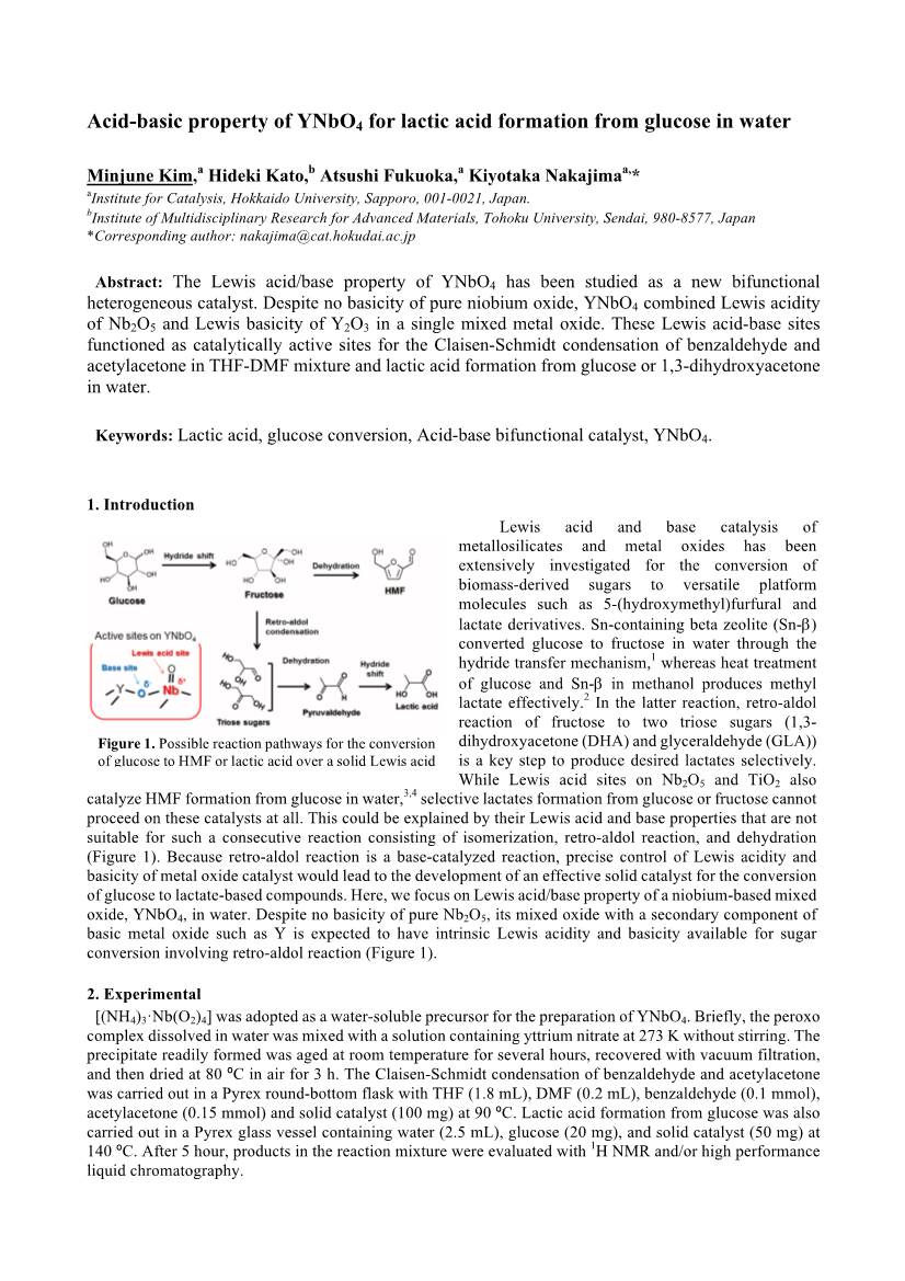 Acid-Basic Property of Ynbo4 for Lactic Acid Formation from Glucose in Water