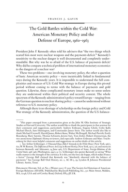 The Gold Battles Within the Cold War: American Monetary Policy and the Defense of Europe, –