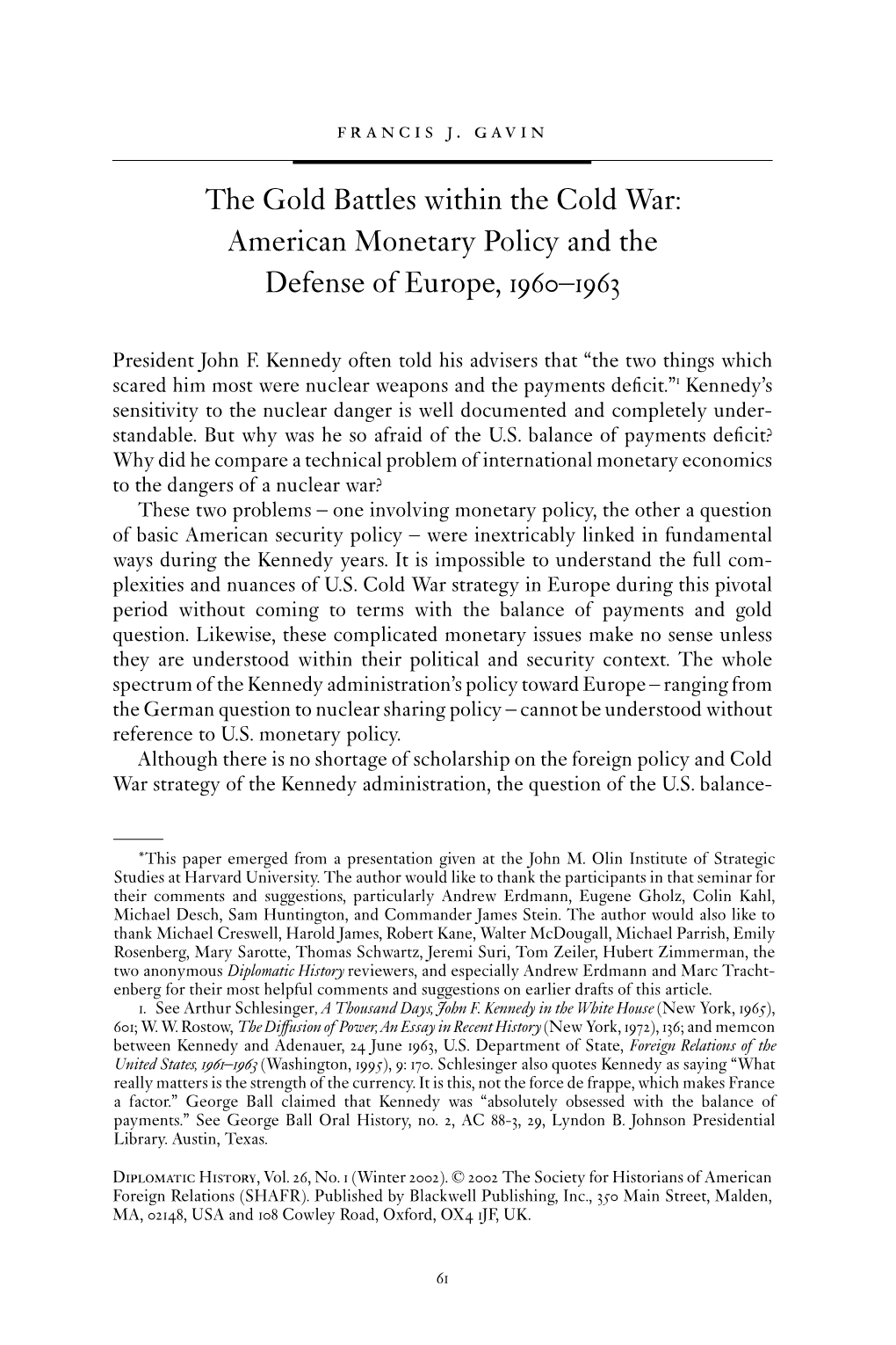 The Gold Battles Within the Cold War: American Monetary Policy and the Defense of Europe, –