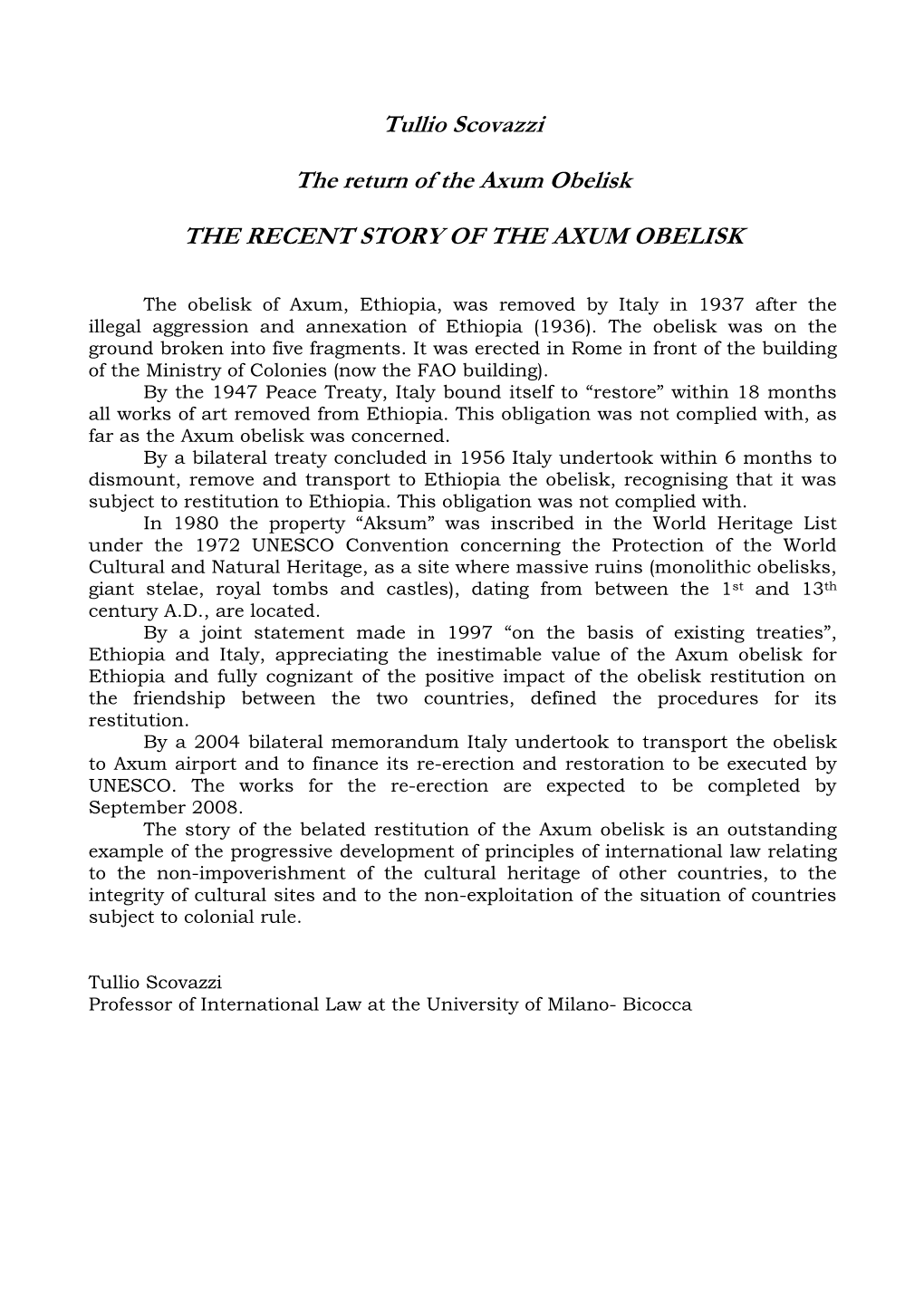 Tullio Scovazzi the Return of the Axum Obelisk the RECENT STORY OF
