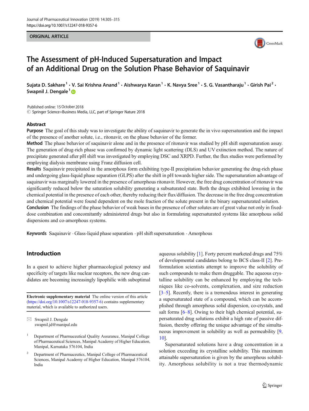 The Assessment of Ph-Induced Supersaturation and Impact of an Additional Drug on the Solution Phase Behavior of Saquinavir