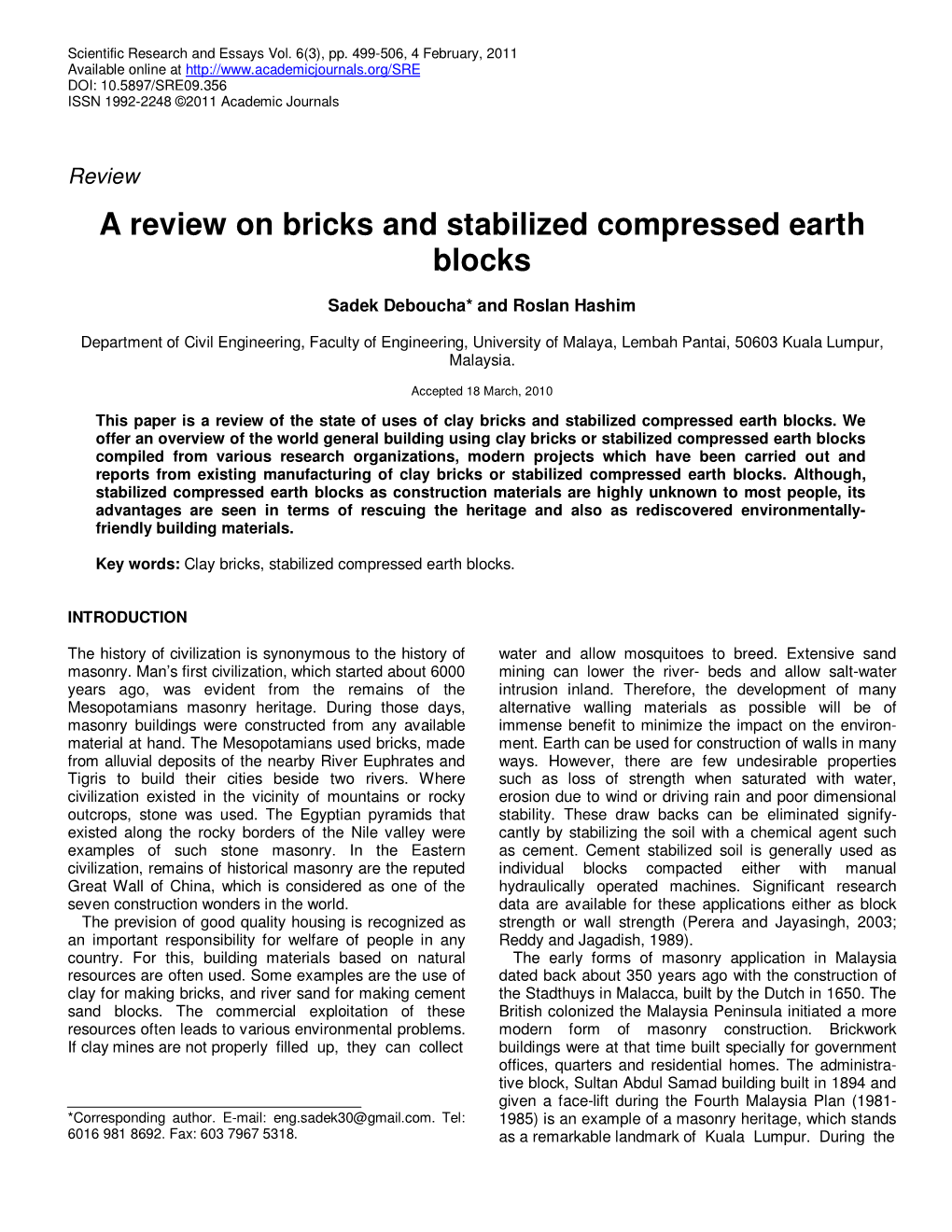 A Review on Bricks and Stabilized Compressed Earth Blocks