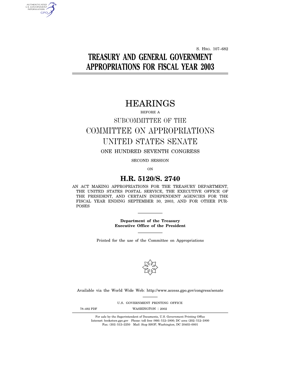 Treasury and General Government Appropriations for Fiscal Year 2003