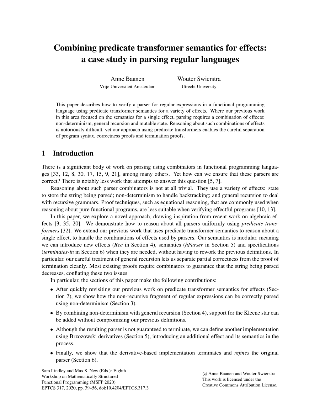 Combining Predicate Transformer Semantics for Effects: a Case Study in Parsing Regular Languages