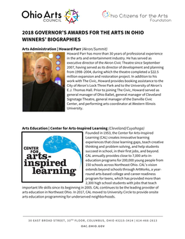 2018 Governor's Awards for the Arts in Ohio Winners' Biographies