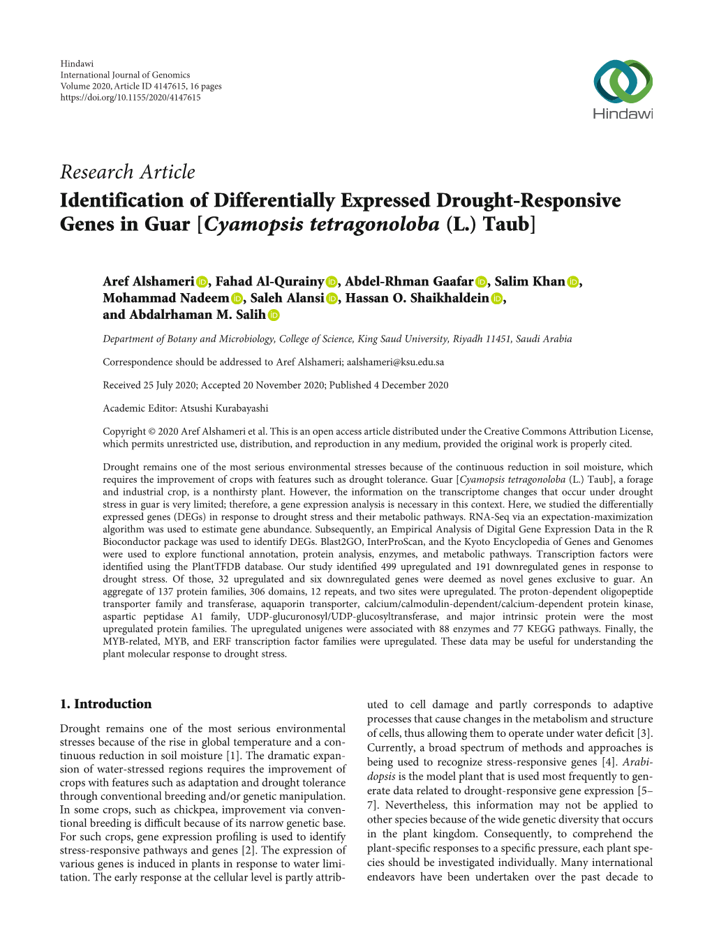 Identification of Differentially Expressed Drought-Responsive Genes in Guar [Cyamopsis Tetragonoloba (L.) Taub]