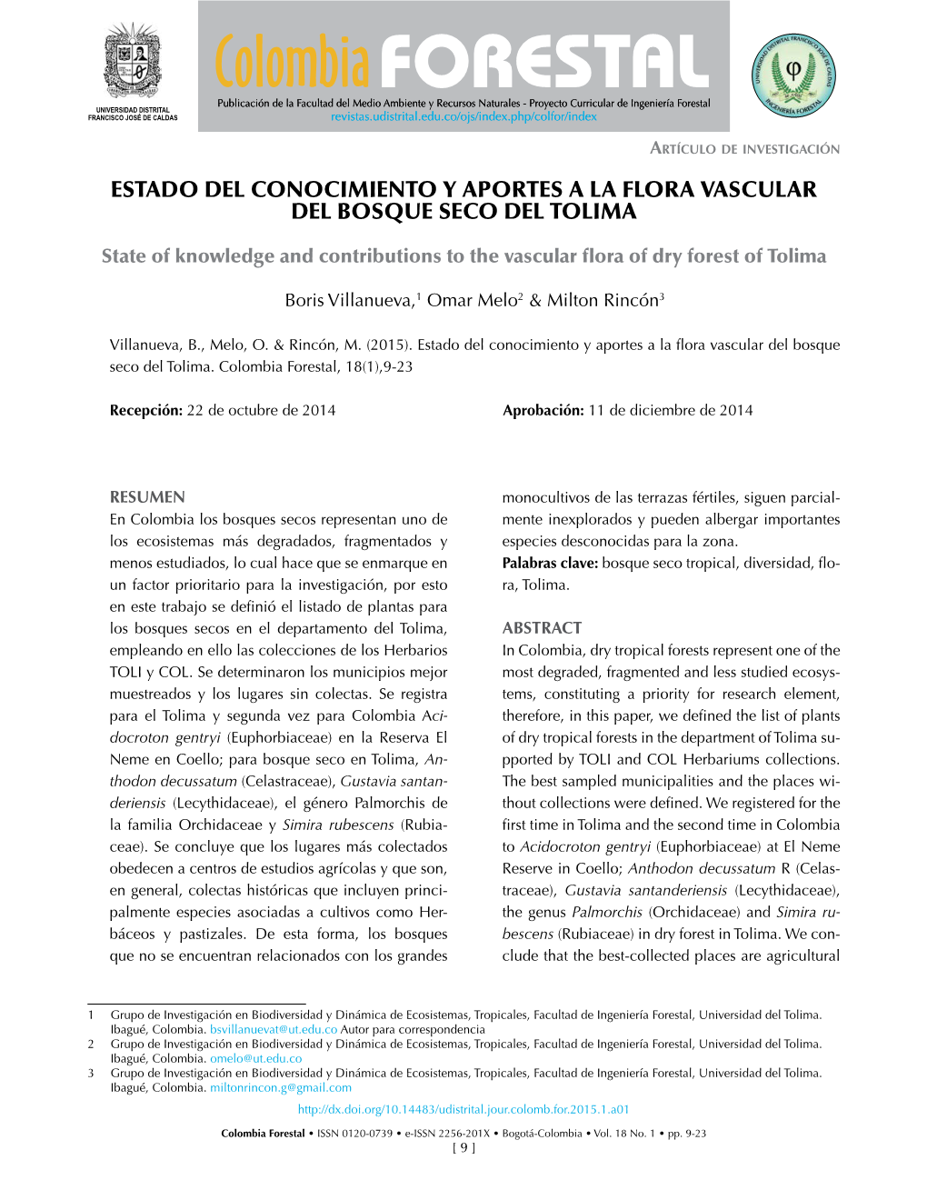 Estado Del Conocimiento Y Aportes a La Flora Vascular Del Bosque Seco Del Tolima