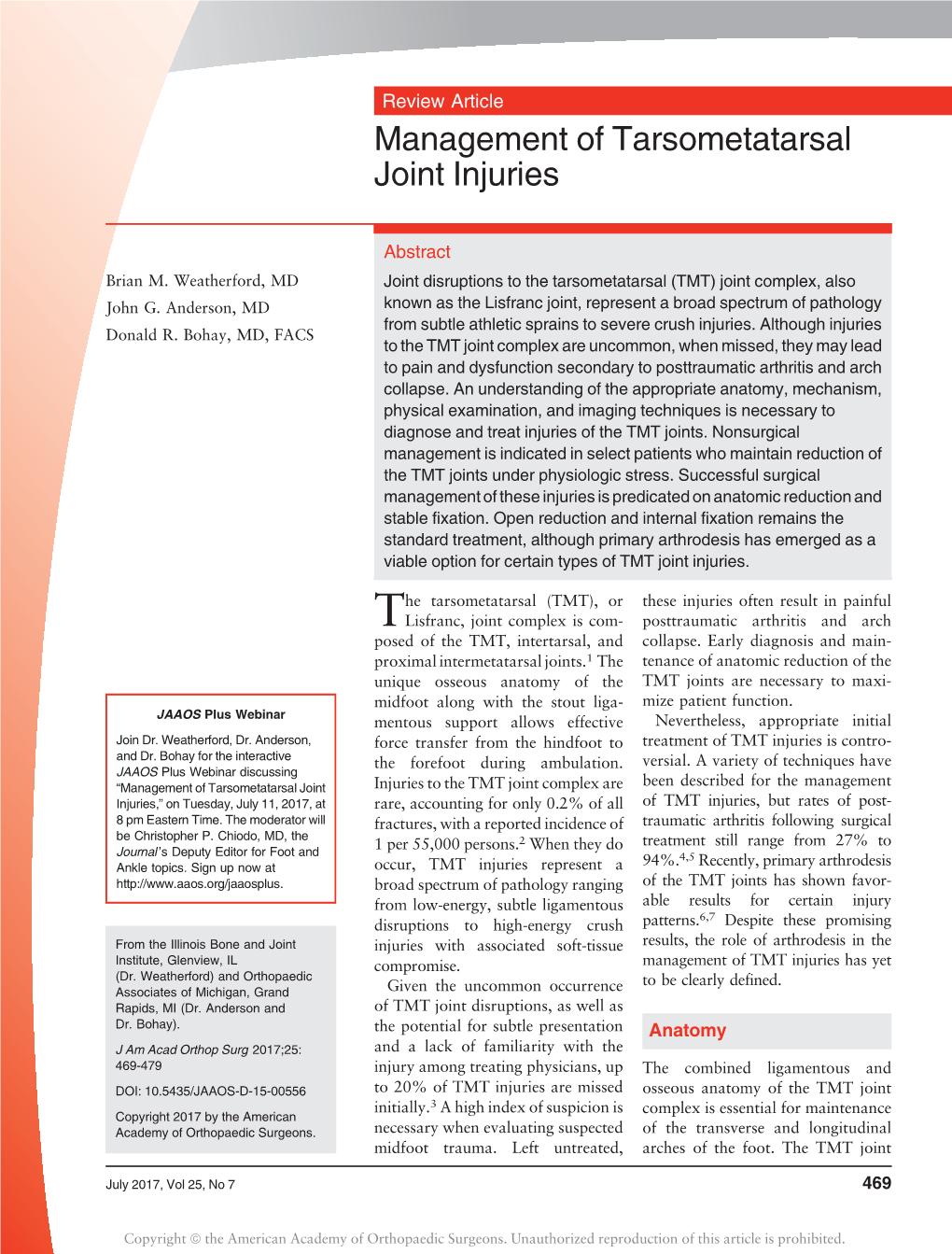 Management of Tarsometatarsal Joint Injuries