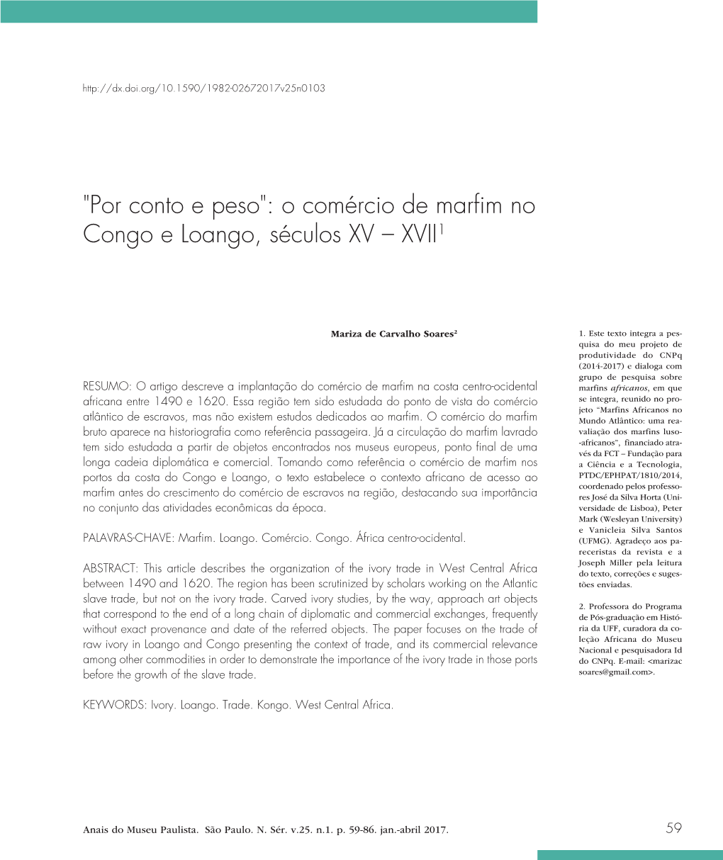 O Comércio De Marfim No Congo E Loango, Séculos XV – XVII1