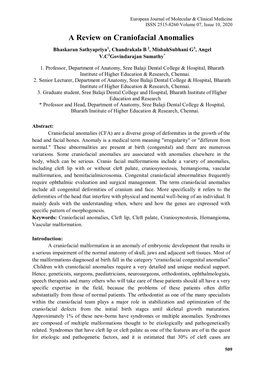 A Review on Craniofacial Anomalies Bhaskaran Sathyapriya1, Chandrakala B 2, Misbahsubhani G3, Angel V.C3govindarajan Sumathy*