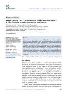 Ploceus Galbula Rüppell, 1880 Invasion of the Eastern Arabian Peninsula: Potential Economic and Social Impacts