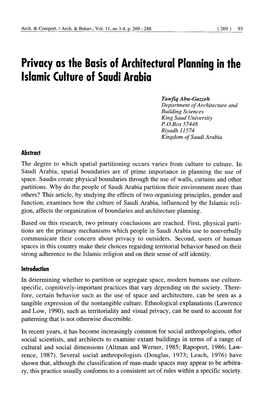 Privacy As the Basis of Architectural Planning in the Islamic Culture of Saudi Arabia