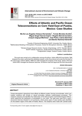 Effects of Atlantic and Pacific Ocean Teleconnections on Corn Yield East of Puebla, Mexico: Case Studies