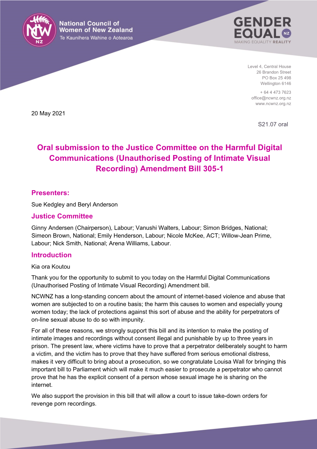 Oral Submission to the Justice Committee on the Harmful Digital Communications (Unauthorised Posting of Intimate Visual Recording) Amendment Bill 305-1