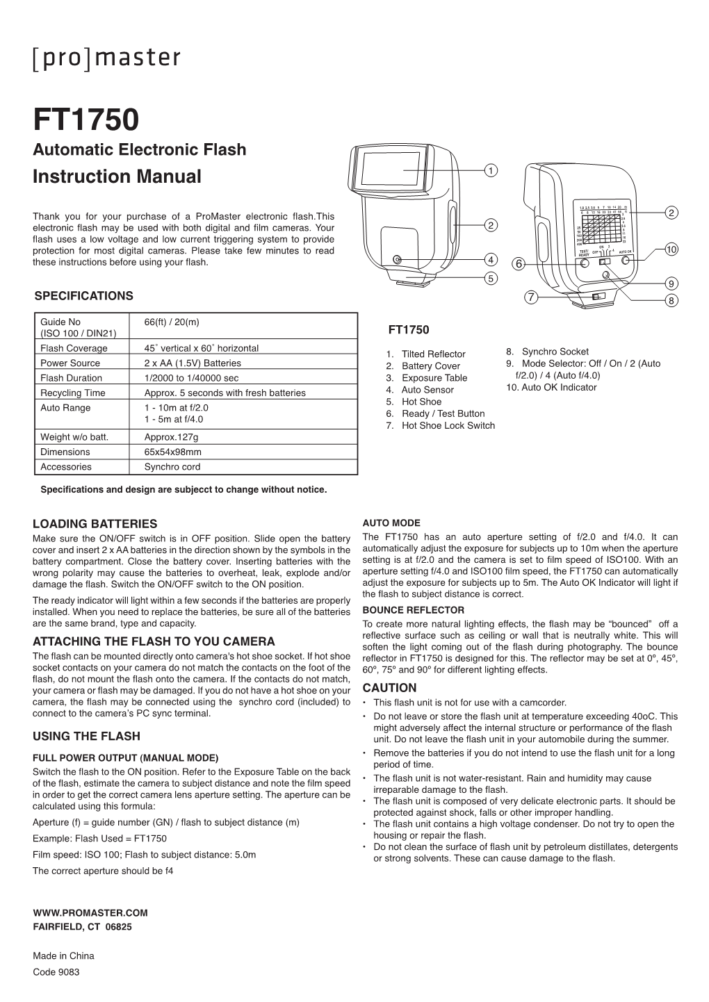 FT1750 Automatic Electronic Flash Instruction Manual 1