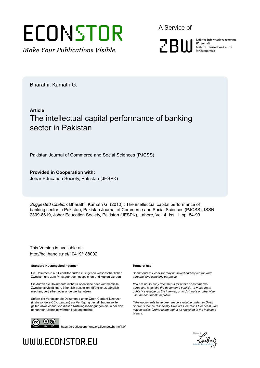 The Intellectual Capital Performance of Banking Sector in Pakistan
