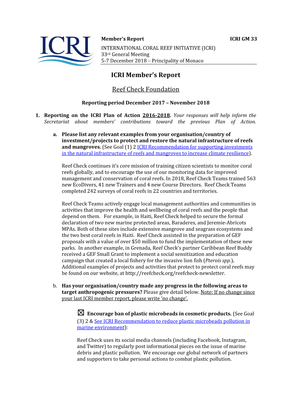 ICRIGM33-Members Report Reef Check 2018