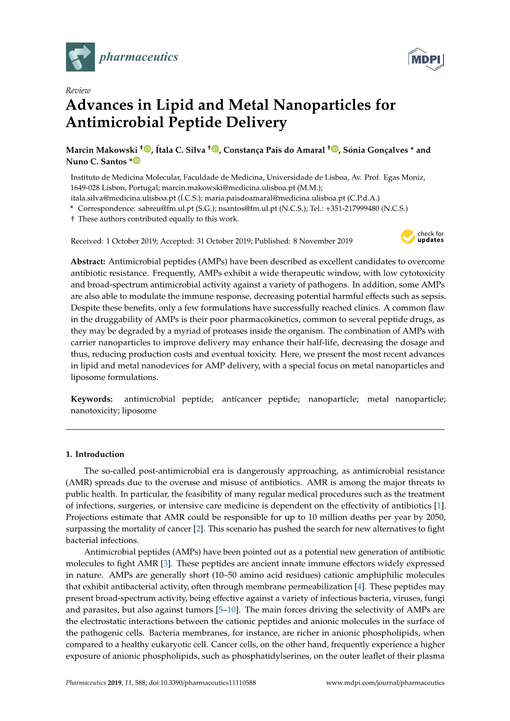 Advances in Lipid and Metal Nanoparticles for Antimicrobial Peptide Delivery