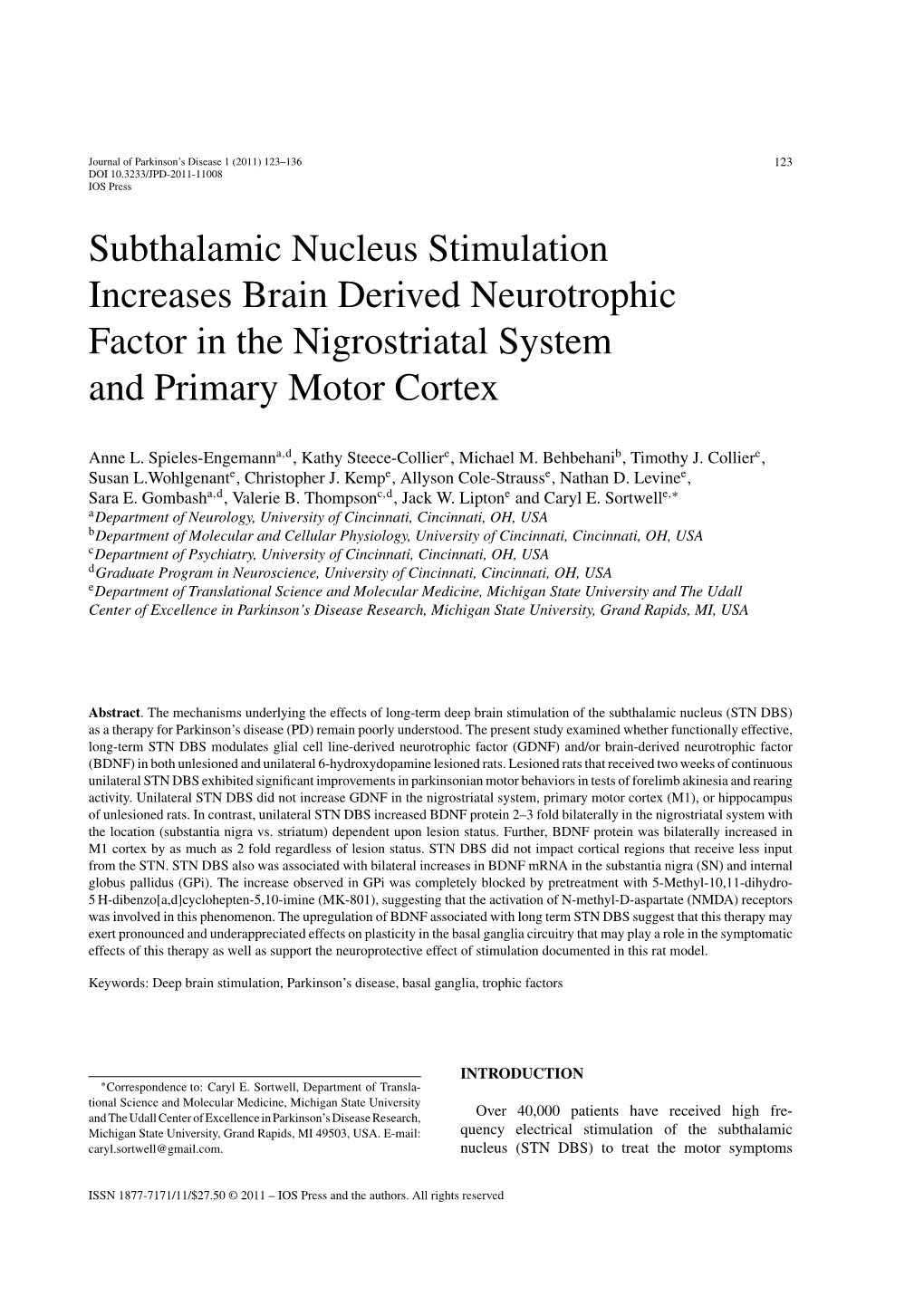 Subthalamic Nucleus Stimulation Increases Brain Derived Neurotrophic Factor in the Nigrostriatal System and Primary Motor Cortex