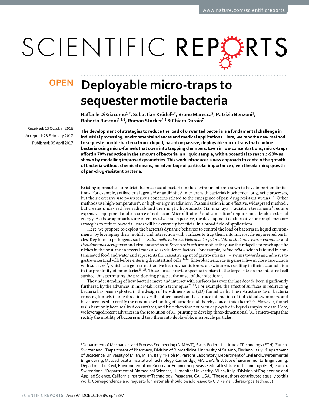Deployable Micro-Traps to Sequester Motile Bacteria