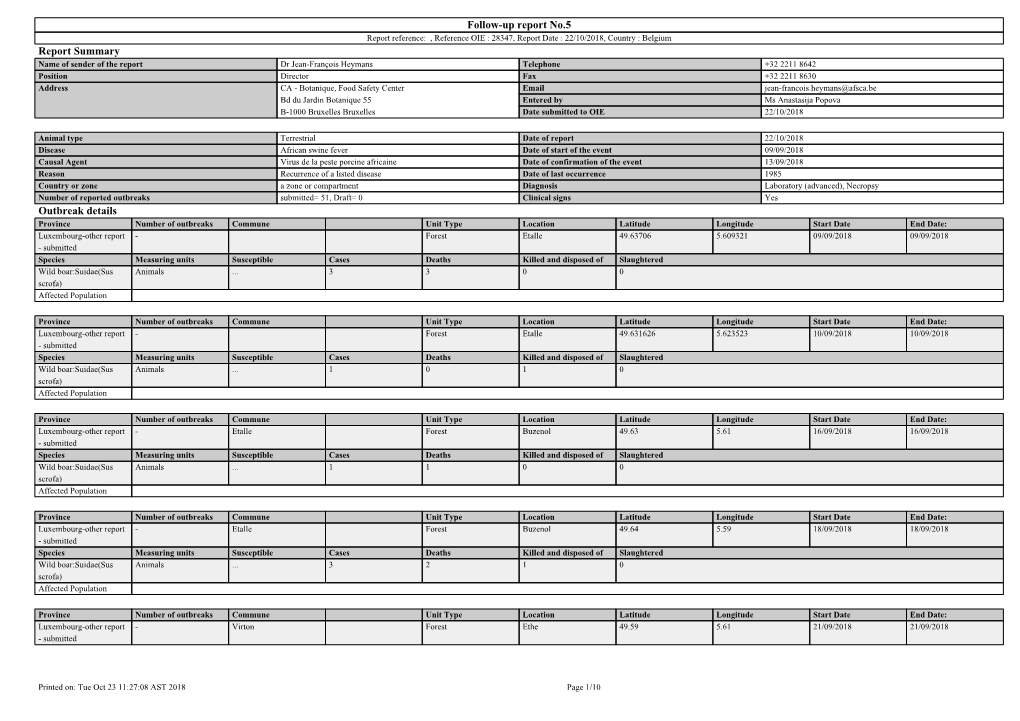 5, Report Reference: , OIE Ref: 28347, Report Date: 22/10/2018, Country: Belgium