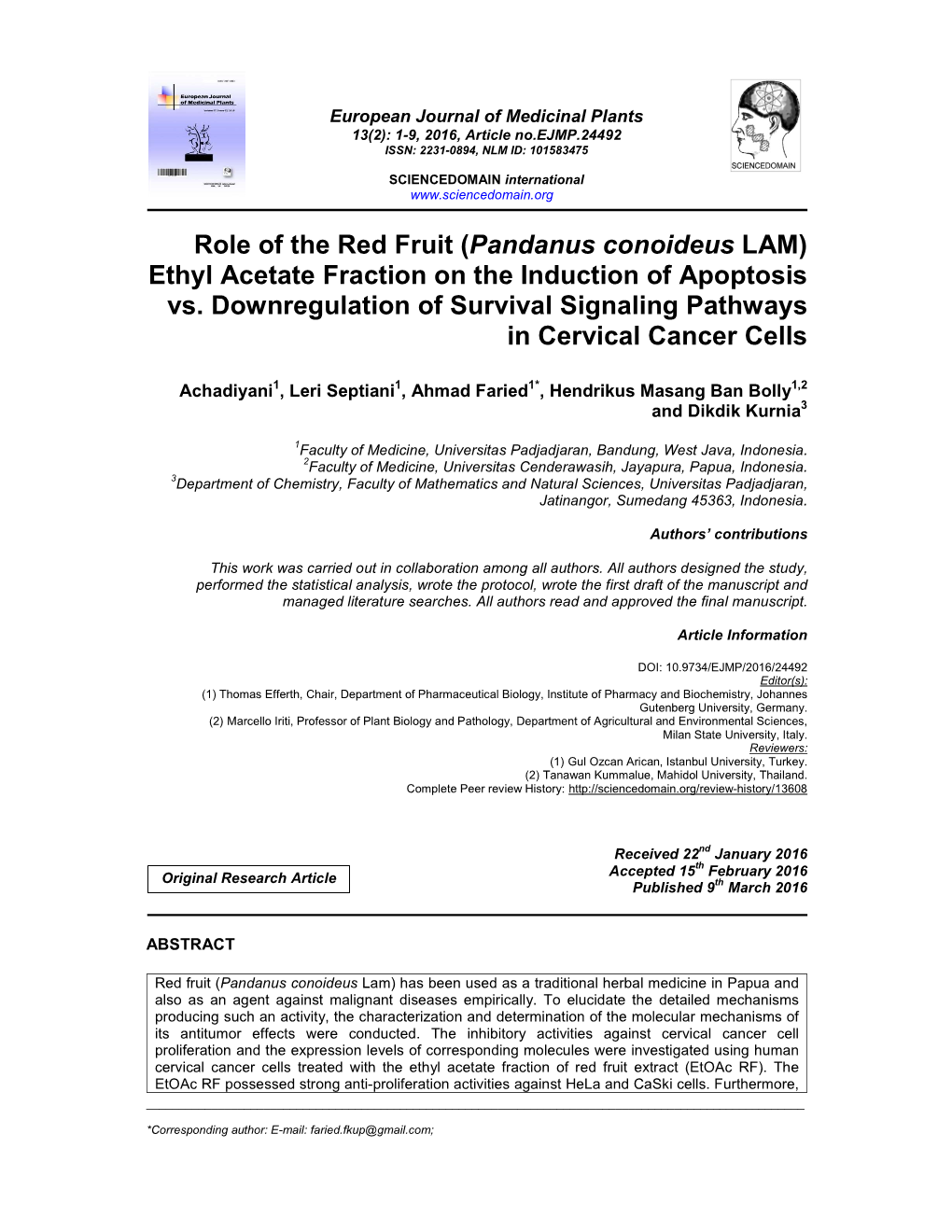 Pandanus Conoideus LAM) Ethyl Acetate Fraction on the Induction of Apoptosis Vs