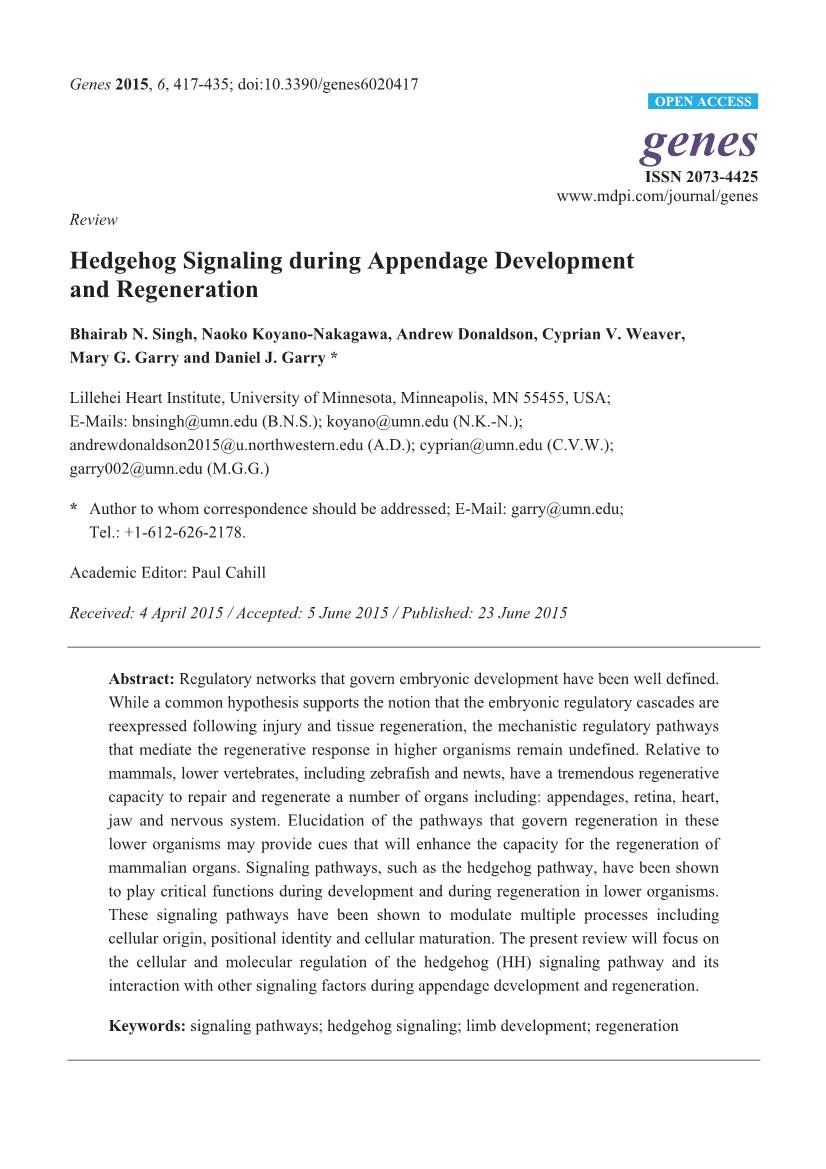 Hedgehog Signaling During Appendage Development and Regeneration