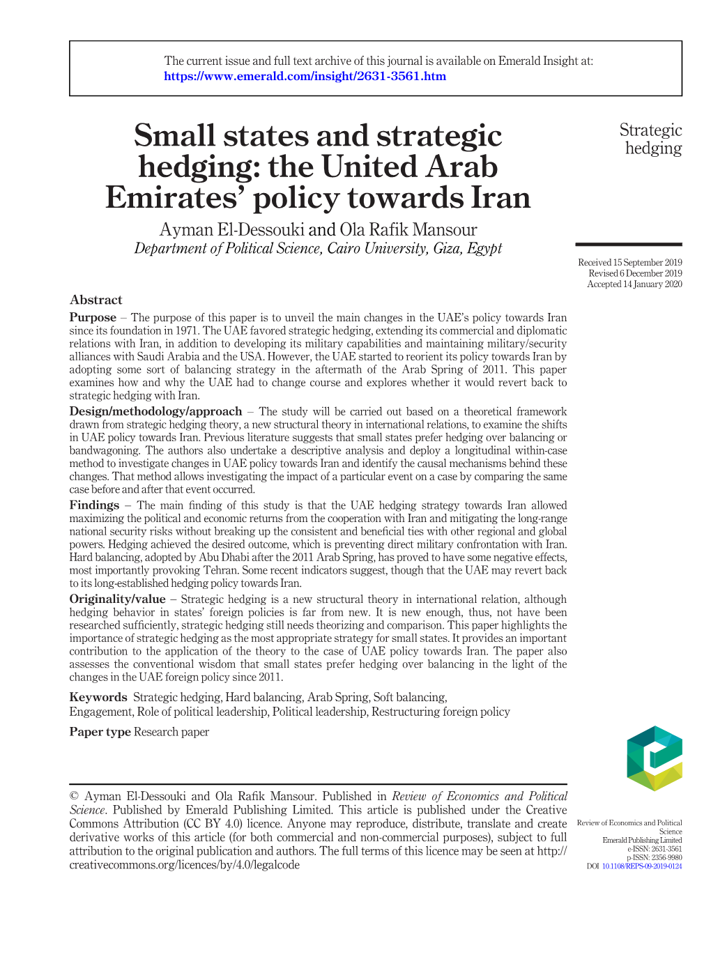 Small States and Strategic Hedging: the United Arab Emirates' Policy