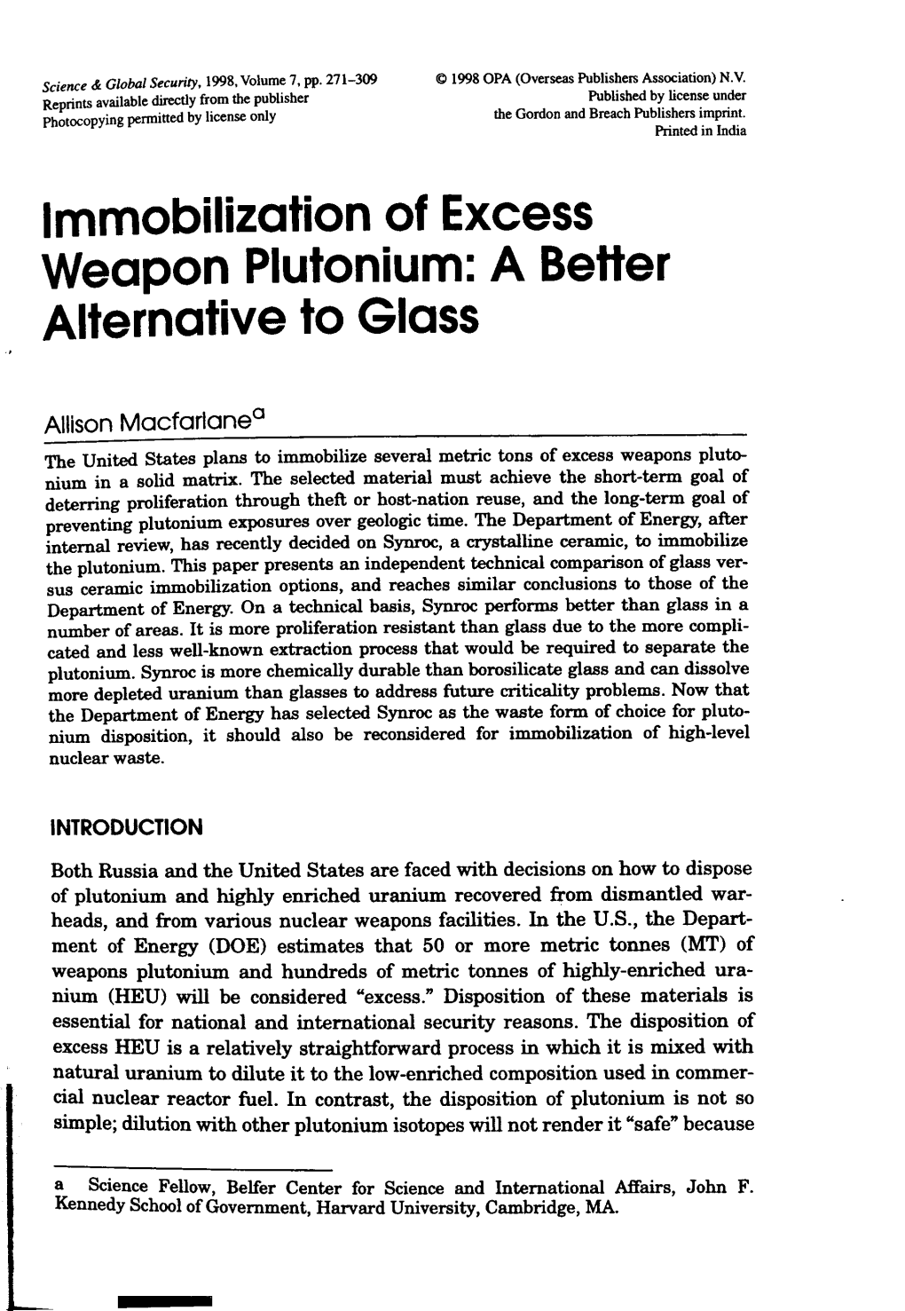 Immobilization of Excess Weapon Plutonium: a Better Alternative to Glass