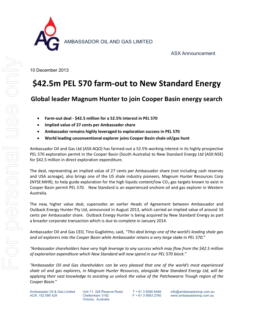 42.5M PEL 570 Farm-Out to New Standard Energy