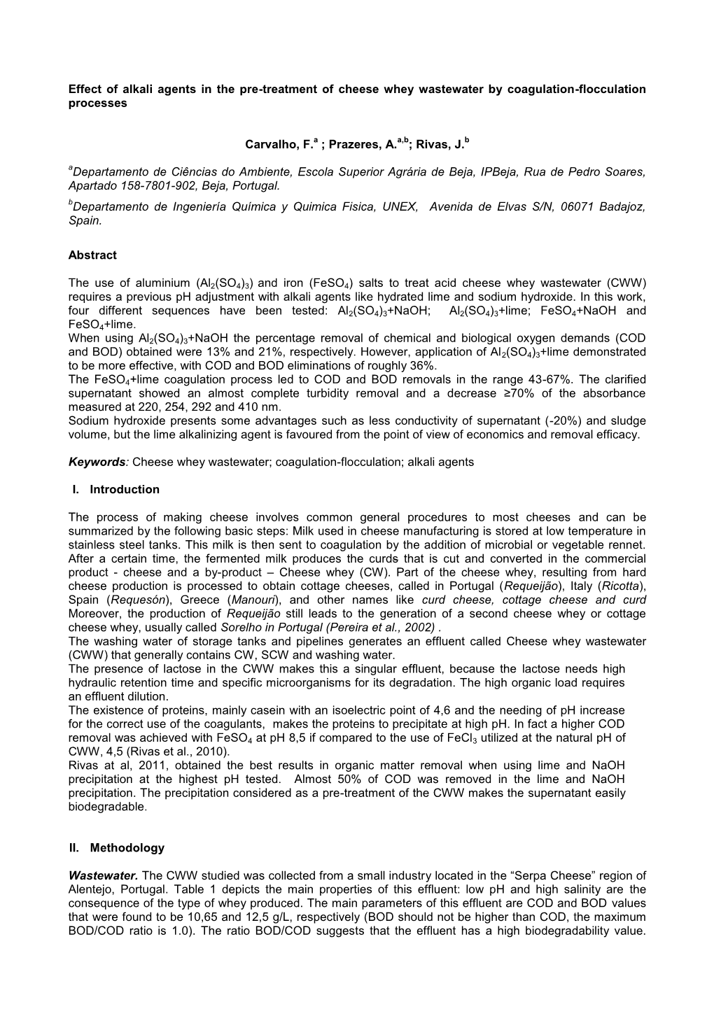 Cheese Whey Wastewater Treatment by Acidic Precipitation