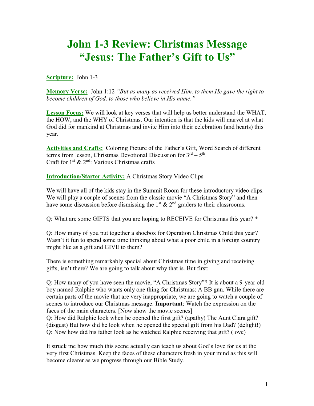 John 1-3 Review: Christmas Message “Jesus: the Father's Gift To