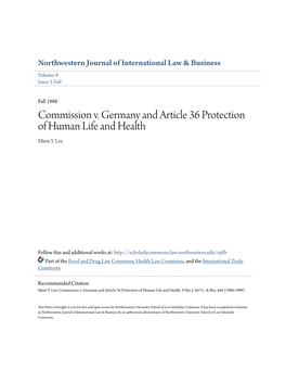 Commission V. Germany and Article 36 Protection of Human Life and Health Mimi Y