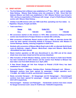 1 OVERVIEW of BIKANER DIVISION 1.0 BRIEF HISTORY • the First Railway Link to Bikaner Was Established on 9 Dec., 1891 As