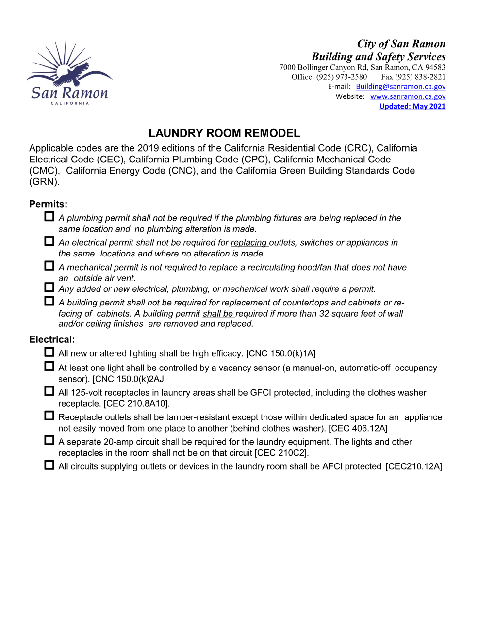 City of San Ramon Building and Safety Services LAUNDRY ROOM REMODEL