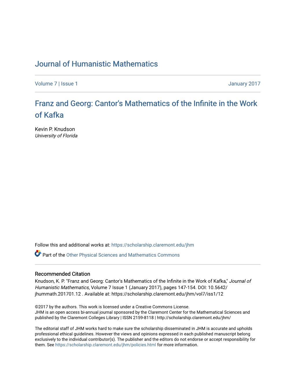 Franz and Georg: Cantor's Mathematics of the Infinite in the Work of Kafka