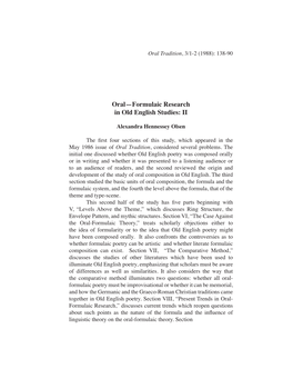 Oral—Formulaic Research in Old English Studies: II
