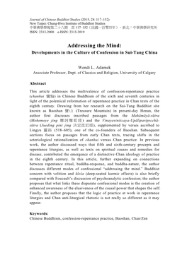 Addressing the Mind: Developments in the Culture of Confession in Sui-Tang China