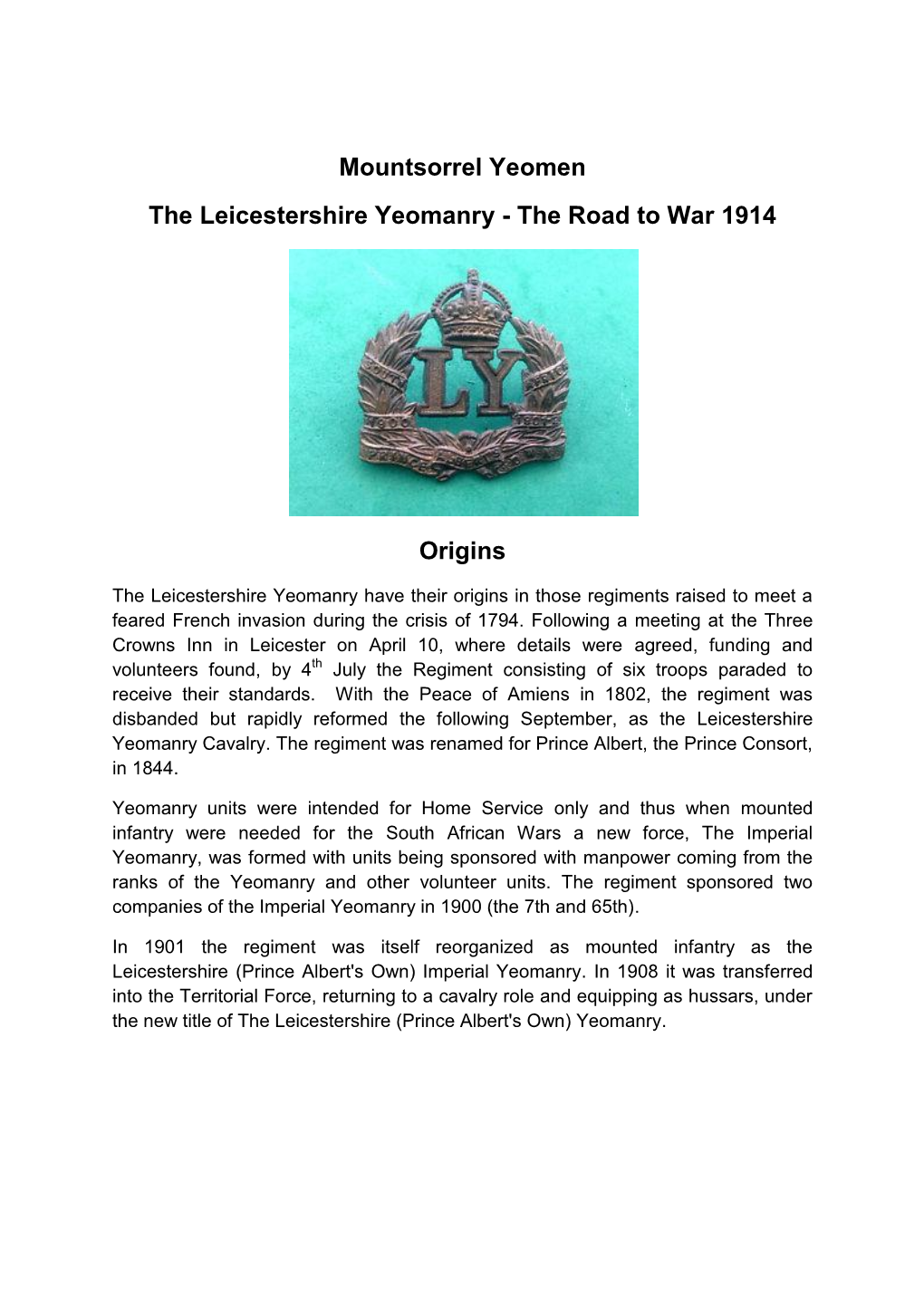 Mountsorrel Yeomen the Leicestershire Yeomanry - the Road to War 1914