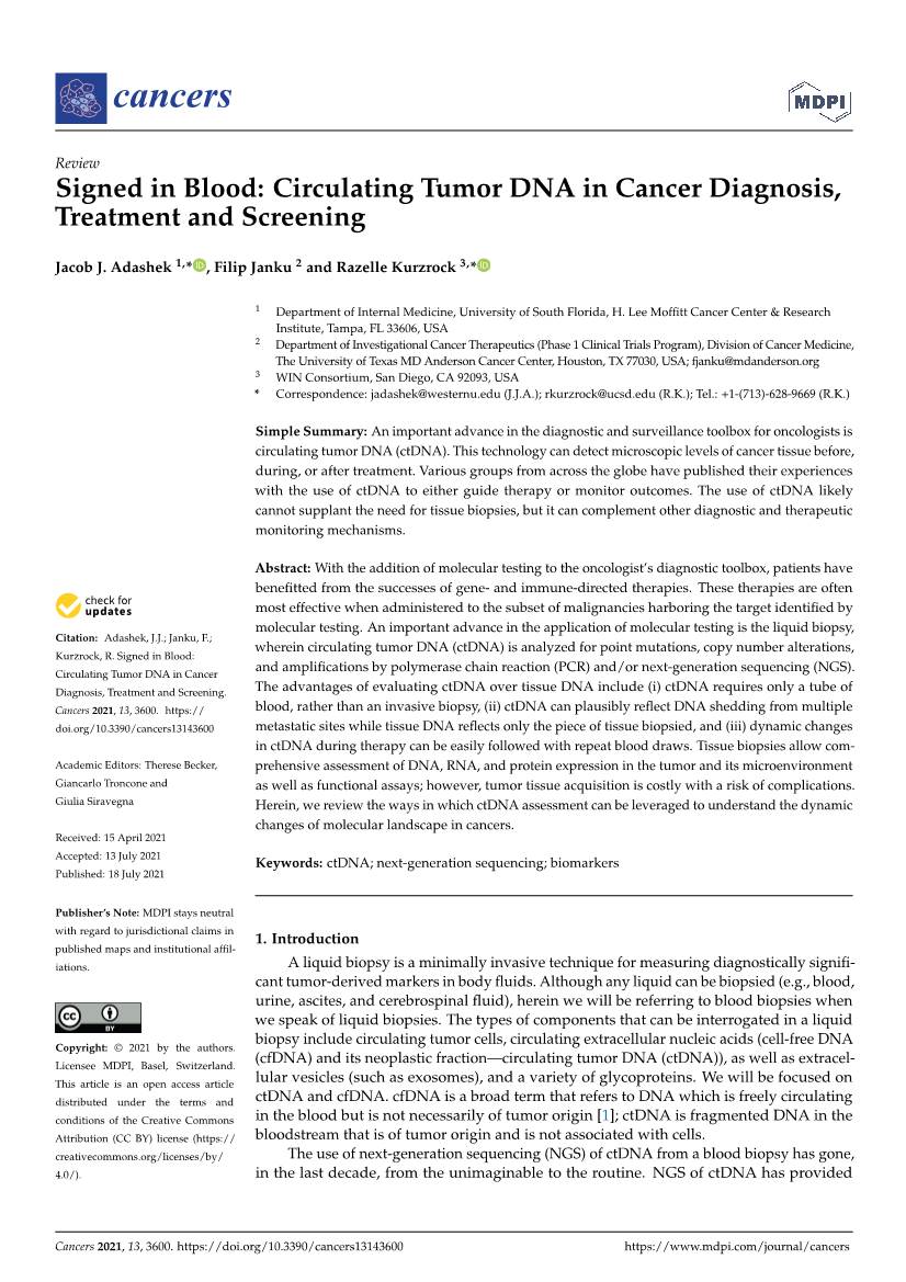 Circulating Tumor DNA in Cancer Diagnosis, Treatment and Screening